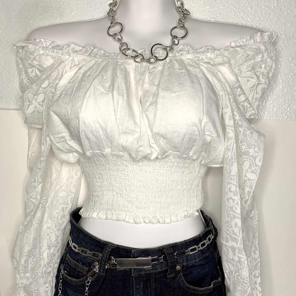 (NEW) WOMEN'S  PUFF-SLEEVE SQUARE NECK BLOUSE CROP TOP